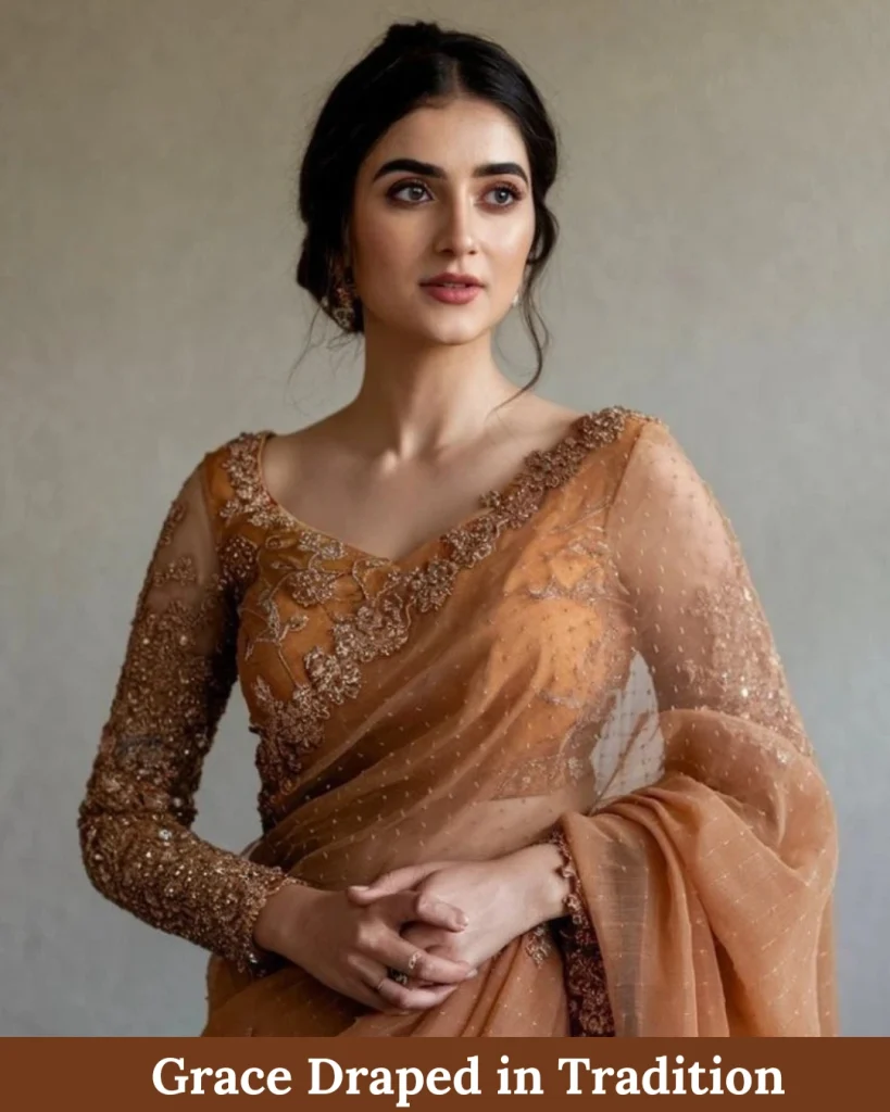 Embellished golden brown net saree with intricate embroidery – festive ethnic wear from Zaera